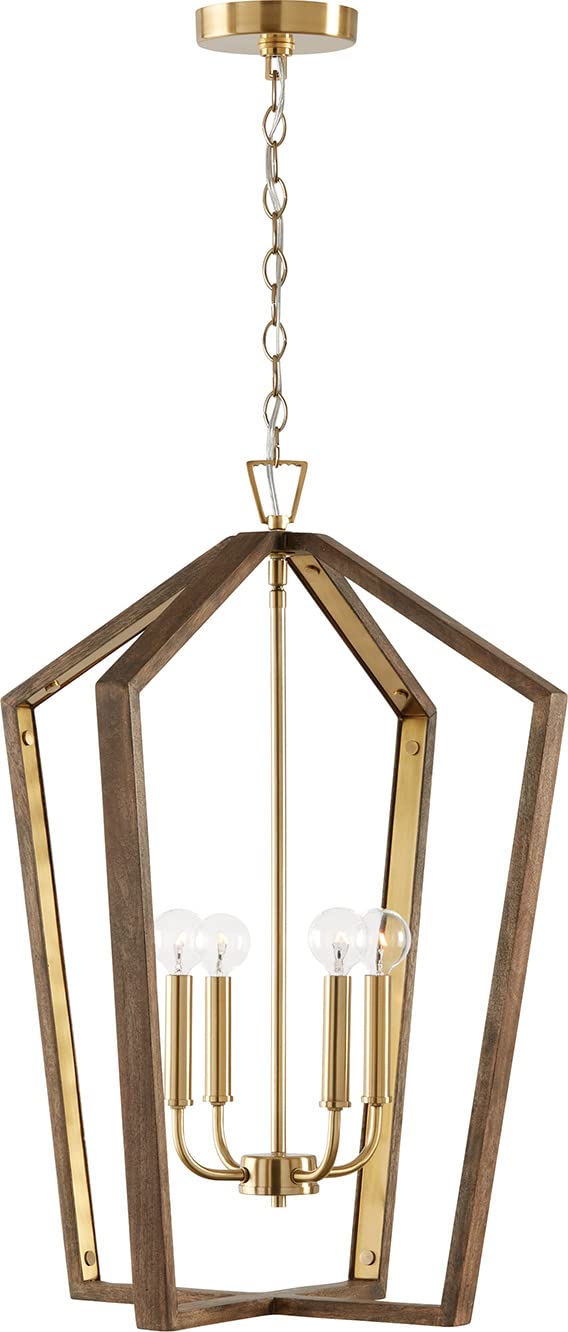 Capital Lighting 344541NM Maren Modern Linear Handcrafted Mango Wood Frame Pendant Ceiling Light Fixture, 4-Light 240 Total Watts, 27" H x 20" W, Nordic Wood and Matte Brass