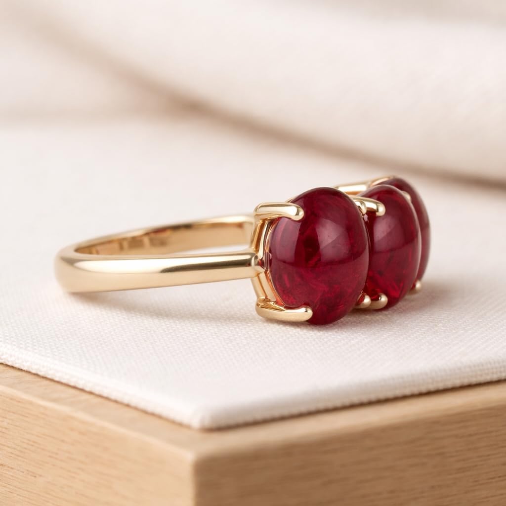 Three Stone Ruby Cabochon Ring in Solid Yellow Gold Bold Vintage Inspired Statement Band for Women July Birthstone Anniversary Promise Jewelry Gift for Wife