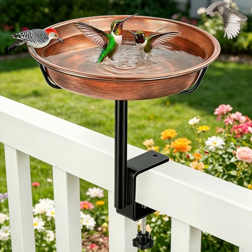 Gtongoko Deck Mounted Metal Bird Bath for Outside 12 Inch Dia Weather-Resistant Birdbath Bowl for Balcony Fence Railing with Adjustable Clamp Outdoors