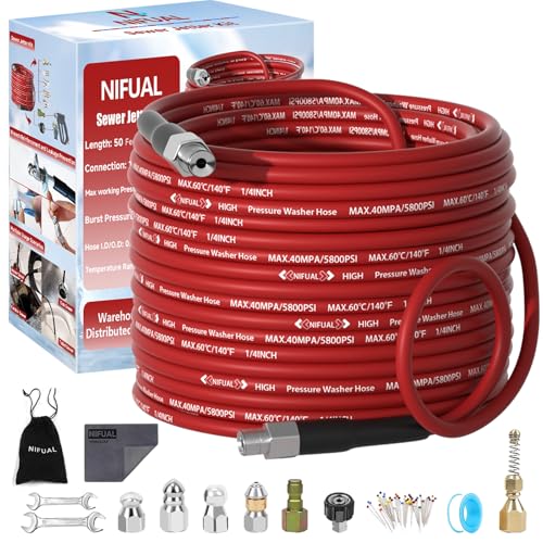 NIFUAL Sewer Jetter Kit for Pressure Washer,50FT 5800PSI Pressure Drain Cleaner 1/4 Inch NPT Corner Rotating and Button Hose Sewer Jetting Nozzle for Homeowners & DIYers (50FT)