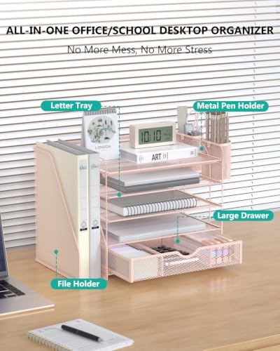 Image of WALI Desk File Organizer, 5 Tier Desktop Paper Letter Tray Organizer with Drawer and 2 Pen Holders, Office Desk Accessories & Workspace Organizers for Office, Home Supplies(DO006DH-P), 1 Pack, Pink