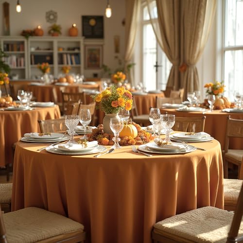 Image of sancua Thanksgiving Round Tablecloth 90 Inch Diameter, 8 Pack Bronze, Circle Polyester Fabric Light Brown Fall Table Cloth Cover for Harvest Wedding Party Reception Banquet (Fit 30-72 Inch Tables)