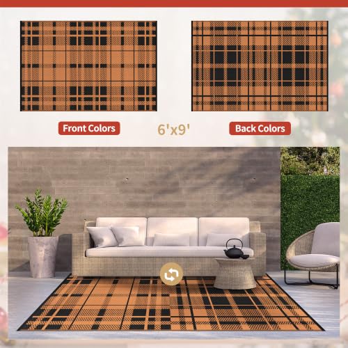 Image of GENIMO Outdoor Rug, Waterproof Plastic Rugs for Patio, 6'x9' Amber Black | Outside Larger Modern Carpet Mat for Porch Decor, Deck, Balcony, Camping, RV, Backyard, Picnic, Beach, Reversible, Foldable