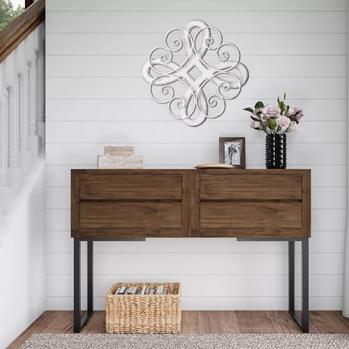 Sintosin Vintage Wrought Iron Wall Decor 22 Inch, Hanging Distressed White Farmhouse Wood and Metal Wall Art Decor, Rustic Medallion Home Wall Decor for Living Room Bedroom Entryway Hallway - Image 4