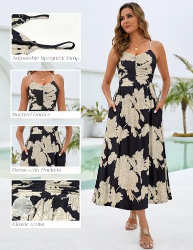 Image of Annebouti Women 2026 Summer Spring Ruched Maxi Dress Adjustable Spaghetti Strap Floral Beach Long Sundress with Pockets