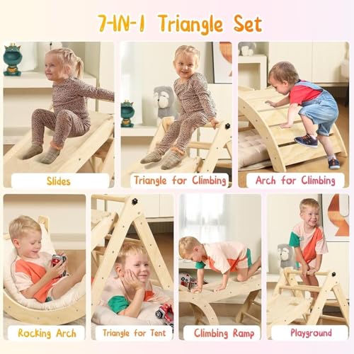 Image of Yopnoyik Pikler Triangle Set with Cushion, 7 in 1 Toddler Climbing Toys Indoor, Montessori Foldable Climbing Set, Wooden Climbing Toys for Toddlers Inside with Ramp, Arch and Ladder (Nature Wood)