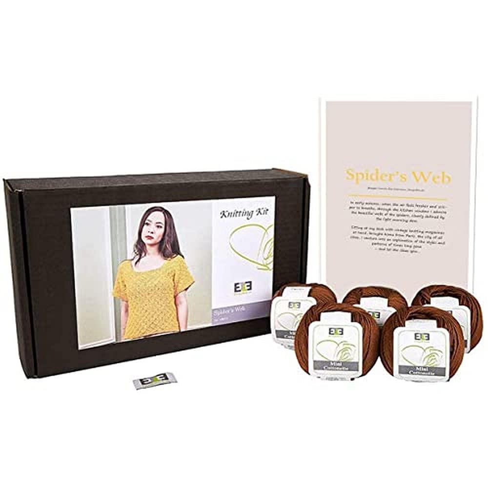 Spider's Web - Kit de Tejer para Mujer, 100% algodón Egipcio, Lana de algodón Egipcio, Cuencos y Patrones para Principiantes, Caja de 50 g ≈127 m/5 Capas, marrón café, 2XL