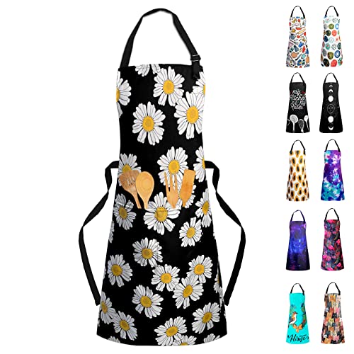 Sosolong Adjustable Waterproof Apron Bib Apron with 2 Pockets Cooking Kitchen Aprons for Women Men Chef Adult Gifts, Daisies…