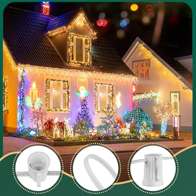 C9 Light Strand, 2 Pack 100 FT Outdoor String Lights Christmas Stringer with 100 Sockets for Christmas Decor Patio, E17 Light Socket, 12 Spacing, White Wire