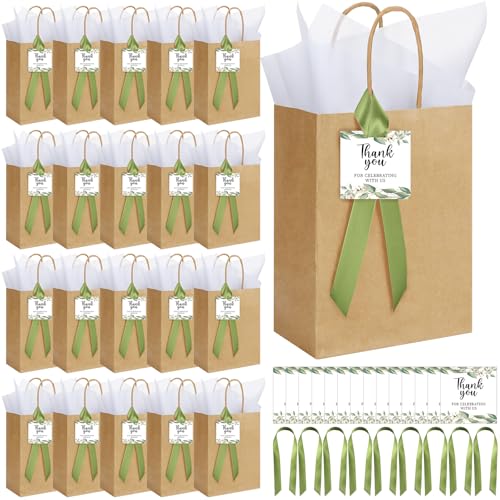 Sinload 48 Sets Wedding Welcome Bags for Guests Bulk Wedding Gift Bags with Handle Tissue Paper Thank You Cards Ribbons for Guests Baby Shower Bridal Party Favors (Green,Leaves)