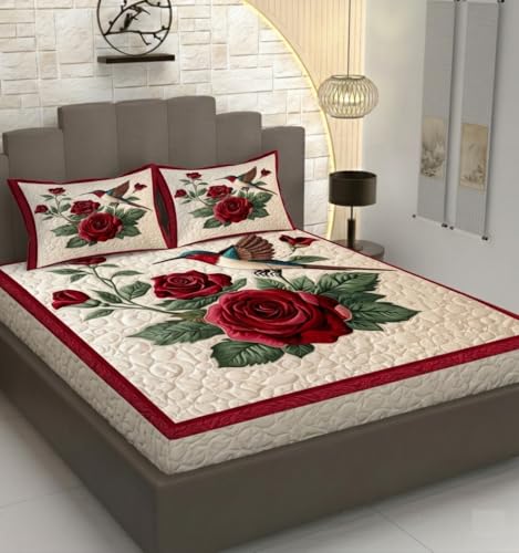 Image of Premium 7D Printed King Size Bedsheet Set with Pillow Covers Soft Cotton Blend Double Bedsheet for Home (Pillow Covers :18x28 inches Bedsheet :90x100 (Red, Beige)