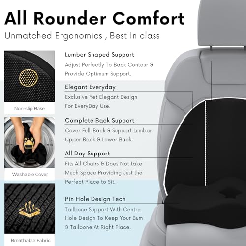 Image of Pillow Kit Memory Foam Back Support and Siting Cushion Ergonomic Adjust Sitting Position Relief Pain for Car or Office Chair. (Midnight Black, Spine Support)