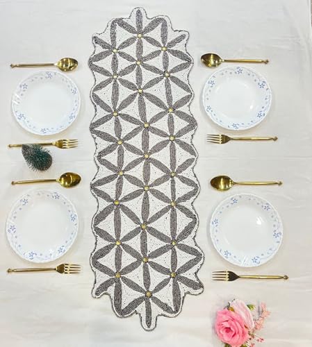 Image of Handmade Silver Gold Beaded Dining Table Runner | Decorative Console Runner for Dining Table, Festive Home Decor & Elegant Gifting | Luxury Handcrafted Bead Work Table Runner