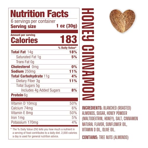 Image of AlmondRx | Heart Healthy Skinless Lightly Salted California Almond Snack Packs | Fortified with Vitamin D | Plant Protein | Keto | Vegan | No Sugar Added (6 Ounce (Pack of 1), Honey Cinnamon)