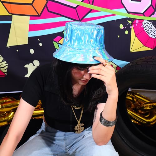 Image of Unisex Black Bucket Hat Waterproof Rain Hat Reversible Shiny Rave Bucket Hat for Concert Festival
