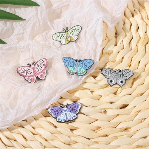 Image of 5PCs Pronouns Cute Butterfly Pin She They /He Him /They Them /She Her /He They Gender Enamel Pin Set Identity Bulk Pins for Pride Parade Daily Wear Lapel Hat Backpack Women Girls Jewelry Gift
