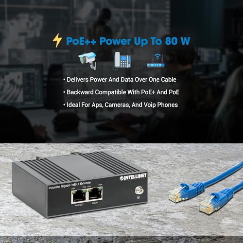 Image of Intellinet Industrial Gigabit PoE++ Extender, 80W, DIN Rail, IP30 | IEEE 802.3bt /at /af compliant 4PPoE repeater, 10 /100 /1000 Mbps, no power supply needed, -40 to 167F use