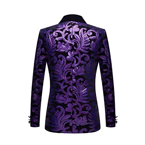 Pyjtrl Men Fashion Velvet Sequins Floral Pattern Suit Jacket Blazer (Purple, M) #TOP1