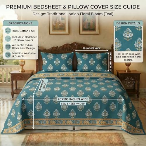 Image of VAS COLLECTIONS 240 TC Cotton Double Bedsheet with 2 Pillow Covers (90x100 Inch) Soft Breathable Skin Friendly Jaipuri Printed King Size Bedding Set for Bedroom Decor (Mughal Buti Print)