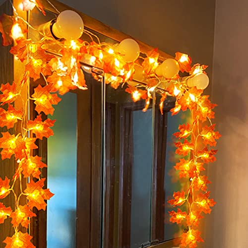 Image of 4 Pack Fall Decor Fall Garland with Lights Fall Decorations for Home, Total 40Ft 80LED Enlarged Maples Leaves Fall Lights Battery Operated Autumn Halloween Thanksgiving Decor Indoor Outdoor Christmas