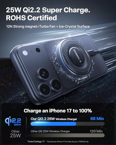 Image of TORRAS Qi2.2 25W Wireless Charger, Magnetic Charger for Phone 17 16 15 14 13, Samsung Galaxy S26 S25, Phone Wireless Charger, Phone Charger Stand with Cable, Black (Without Plug)