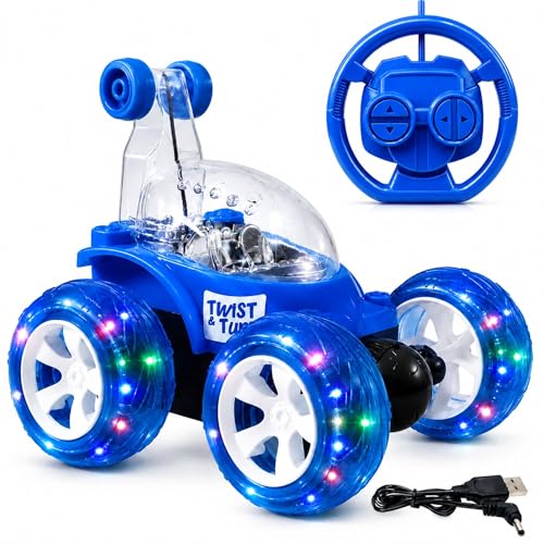 Image of USB Rechargeable 360 Remote Control Stunt Car Toy for Kids, Big Size 4WD RC Racing Car for Boy & Girls with RGB Lights Music,Anti-Skid Rubber Tires, Age 4+, Indoor Outdoor Play(9802 Blue)