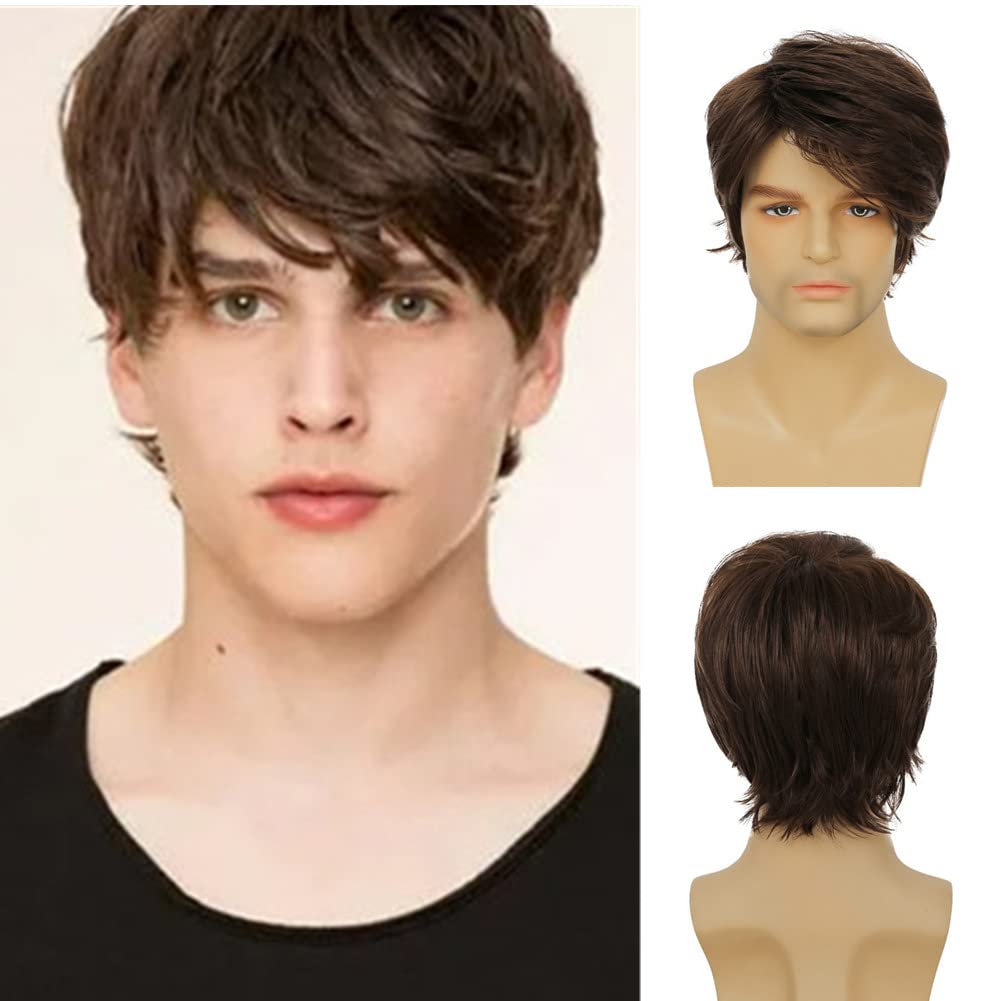 Dai Cloud Mens Brown Short Wig Soft Layered Fluffy Natural Looking Synthetic Halloween Cosplay Daily Party Wigs