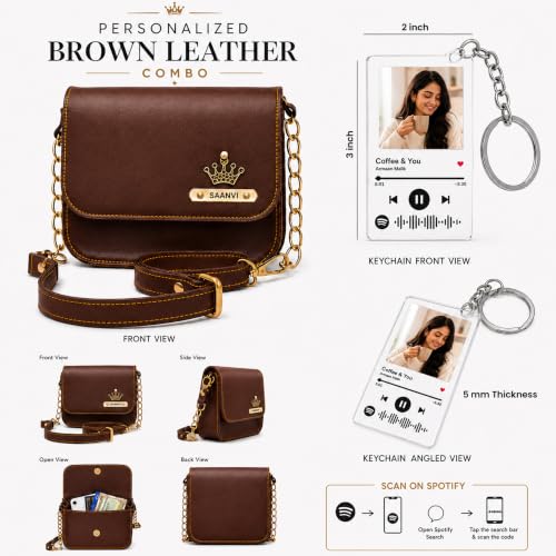 Image of SAVRI Personalized Rakhi Gift for Sister | Customized Leather Sling Bag with Name & Charm and Spotify Photo Keychain with Favourite Song, Personalised Gift Combo for Sister, Behan, Didi- Bro Sis Gift
