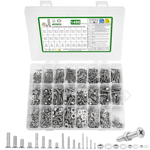 1490 Pcs M2 m3 m4 m5 Juego de Tornillos y Tuercas, Tornillos de Cabeza Plana de Cabeza Cruzada, Kit de Tornillos de Cabeza Avellanada Cruzada con Tuercas con Arandelas, Tornillo de Cabeza Cruzada