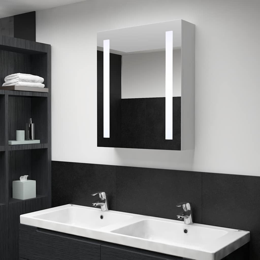 White Silver LED Bathroom Mirror Cabinet, Wall Mountable MDF Storage, 19.7x5.1x27.6 in, Cool White Light, Modern Style for Restroom Vanity