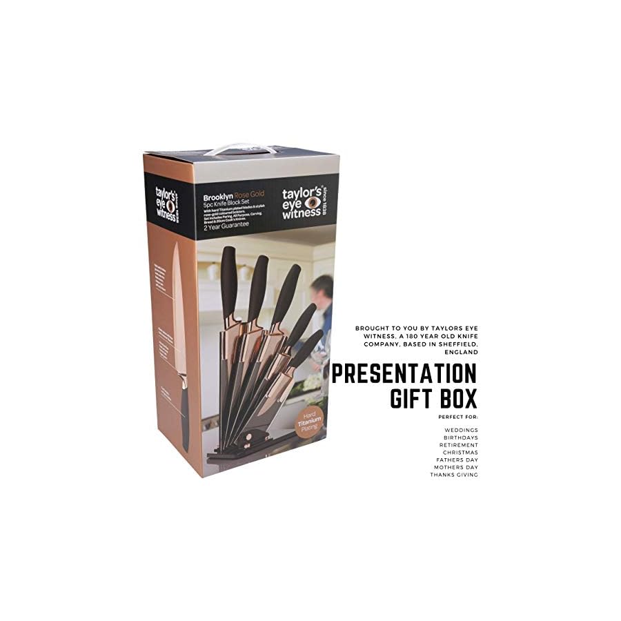5pc-Kitchen-Knife-Set-Block-Brooklyn-by-Taylors-Eye-Witness-Rose-Gold-Coloured-Bolsters-Finely-Ground-Razor-Sharp-Titanium-Coated-Matching-Blades-Soft-Grip-Handles-Modern-Fan-Shaped-Holder 5pc Kitchen Knife Set & Block - Brooklyn by Taylors Eye Witness. Rose Gold Coloured Bolsters, Finely Ground Razor Sharp Titanium Coated Matching Blades. Soft Grip Handles. Modern Fan Shaped Holder.