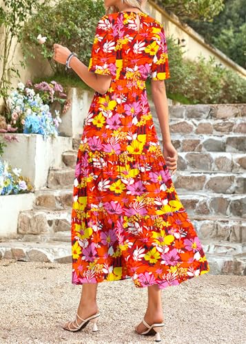 Image of KIRUNDO Summer Dresses for Women 2026 Spring Casual Flutter Short Sleeve Wedding Guest Smocked Flowy Tiered Aline Midi Dress