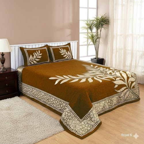 Image of Fresh from Loom Chenille 500 TC Double Bedsheet, Leaf Print Design with 2 Pillow Covers, Bedsheet Set for Bedroom Styling, Soft Touch Breathable Bedding, EAS 90x100 Inches | Leaf Camel | Chenille