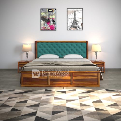 Image of DRIFTINGWOOD Dolvi Solid Sheesham Wood King Size Bed with Storage | Wooden Double Bed Cot Bed with Box Storage & Turquoise Green Velvet Upholstered Cushioned Headboard for Bedroom | Honey Finish