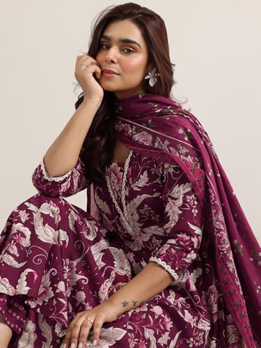 Image of Libas Printed Cotton Anarkali Kurta With Trouser and Dupatta