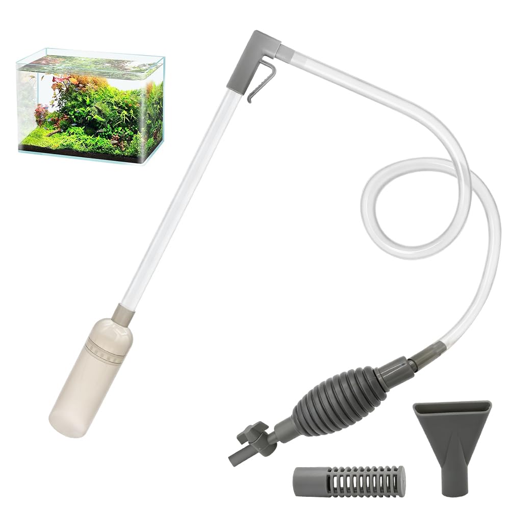 Aspirateur Aquarium, 1.7m Nettoyage Aquarium, Pompe Nettoyage Aquarium avec Règulation du Débit pour Vidange Complète, Siphon A-quarium pour Nettoyage, changements et Nettoyage du Sable (Gris)
