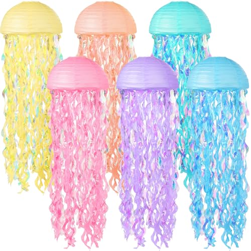 Image of Jellyfish Paper Lanterns 6 Pacs Under The Sea Party Decorations Mermaid Party Baby Shower Decorations Blue Hanging Jelly Fish for Ocean Spongebob Birthday Party Decorations (Macaron)