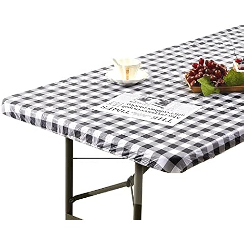6ft Rectangle Elastic Fitted Tablecloth, Waterproof Spill-Proof Vinyl Table Cover Charcoal Grey Checkered Printed with Flannel Baking, Easy to Wipe Off Stains, Great for Picnic Party Outdoor Patio Cover