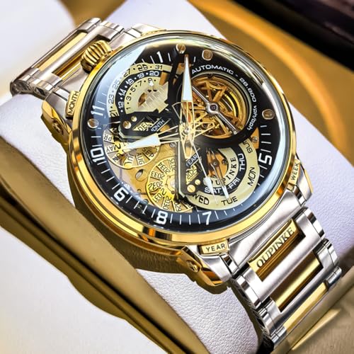 Image of OLEVS Automatic Men Watch Self Winding Mechanical Moon Phase Business Luxury Diamond Dress Stainless Steel Waterproof Luminous Mens Wrist Watch