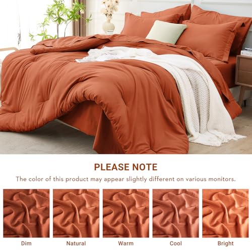 MUXHOMO 5 Pieces Twin Comforter Set, Soft Bed in a Bag Twin Size, All Season Bedding Set with Comforter, Flat Sheet, Fitted Sheet, Pillowcases & Shams, Burnt Orange