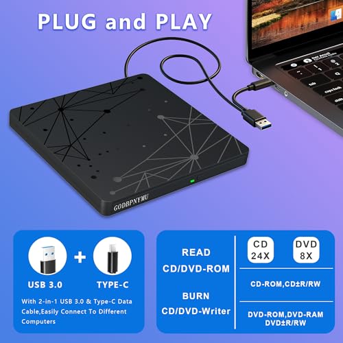 Image of External CD /DVD Drive for Laptop, Ultra-Thin USB Disk Drive, DVD Player for Laptop, USB 3.0 CD Burner USB-C CD-ROM Reader for Windows 11 /10 /8 /7 XP Linux MacOS with 1+4 Storage Bag