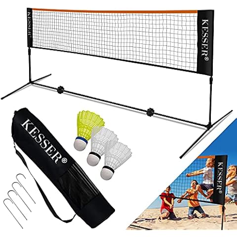 KESSER® Badmintonnetz Tennisnetz | 400cm | Federballnetz 3-Fach-Höhenverstellbar 107/120/155cm, Set bestehend aus Netz, 3x Federball, Transporttasche, stabilem Eisen-Gestell, Indoor & Outdoor, Schwarz Cover