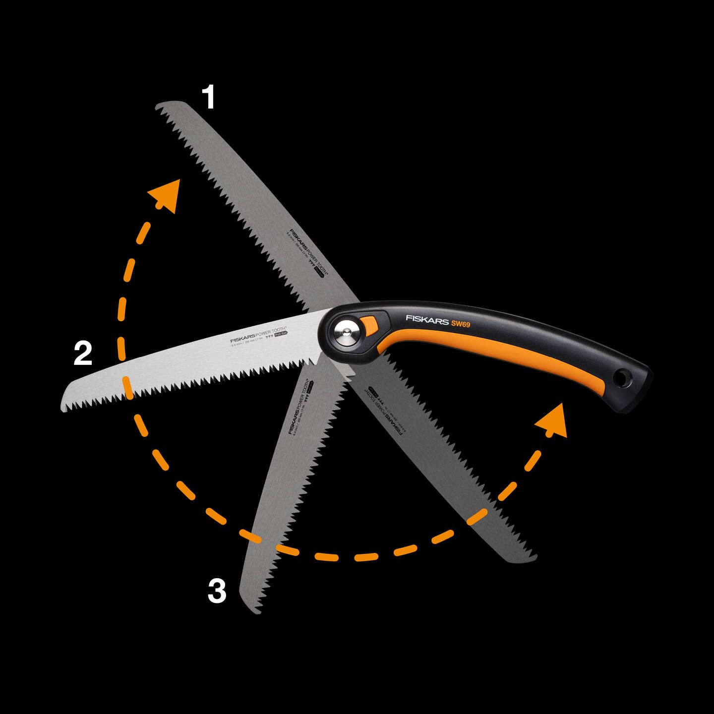 Fiskars Seghetto a Serramanico Plus, Per Rami e Tronchi Spessi, 3 Posizioni di Taglio, Lama Affilata Power Tooth, Denti Grossi, Lunghezza della Lama: 21 cm, Nero/Arancione, SW69, 1067553
