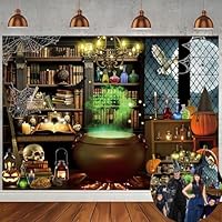 Halloween-Hintergrund mit magischer Hexe, Halloween, Magischer Gauldron, Bücherregal-Hintergrund, gruselig, Retro, Mitte des Jahrhunderts, Vintage-Party-Dekorationen, Banner, Foto-Hintergrund (180 x