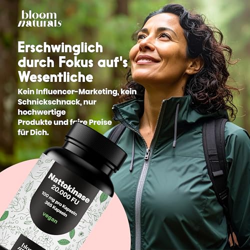 Nattokinase hochdosiert - 365 Kapseln - 20.000 FU pro Tagesdosis, vegan & produziert in Deutschland - Verpackung kann variieren Laborgeprüft