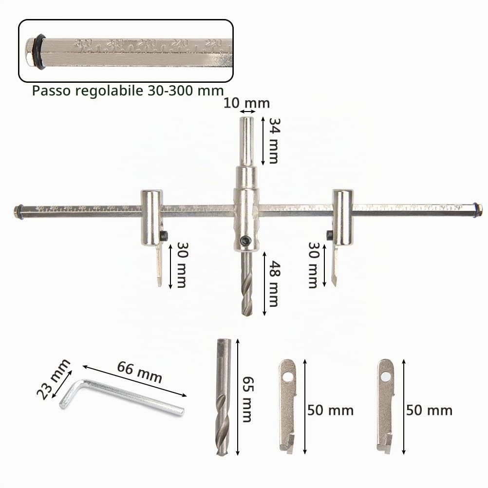 Fresa Circolare Regolabile 30 mm-300mm, Sega a Tazza Regolabile, Punta Trapano per Foro Regolabile Circolare per Legno Compensato Laminati, Lavorazione del Legno