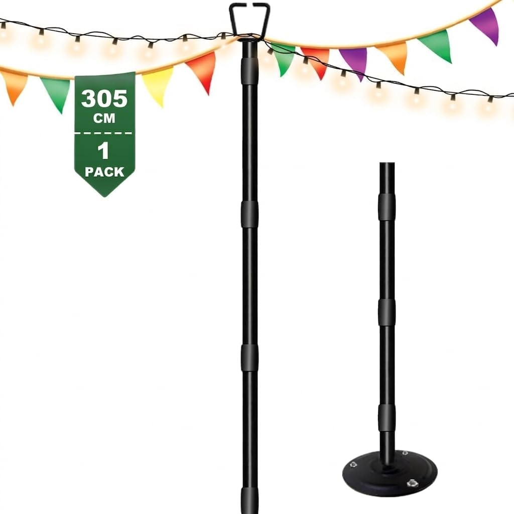 HoldOneLight String Light Pole para cubierta de 10 ft/3 m Outdoor String Light Poles - Altura ajustable, metal inoxidable, resistente para patio, patio trasero, jardín y fiesta (1 paquete)