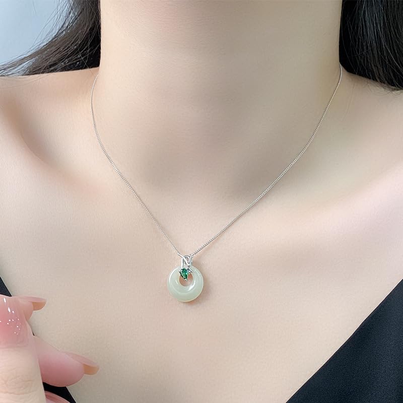 14K Gold Peaceful Pendant Necklace, Natural Hetian Jade and Moissanite Necklace, Chinese Style Jewelry Gift for Women3