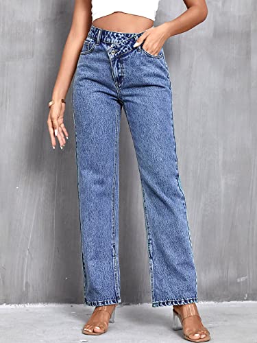 SweatyRocks Women's High Waisted Straight Leg Long Jeans Asymmetrical Waist Denim Pants Split Hem Blue S3