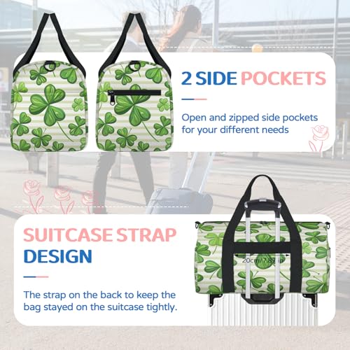 St.patrick's Day Travel Duffel Bag for Women and Men, Clover Branches Green Leaves Sport Tote Gym Bag Carry on Weekender Overnight Bags4